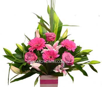 ABC Flowers Melbourne Deliver A009 Spring Street -Flower Arrangement with Oriental Lilies, Roses, and Gerberas free to Melbourne Inner Suburbs