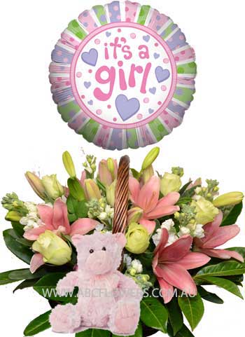 A032 Brunswick New Born Baby Girl Flowers Basket with Teddy Bear and Balloon
