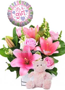 A040 East Melbourne Pink box arrangement with pink teddy bear, and new born baby girl balloon