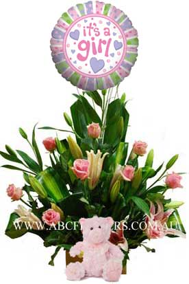 A047 Frances - Baby Girl Gift Pack with Oriental Lilies, Long Stem Roses, Teddy Bear, and Balloon melbourne wide delivery